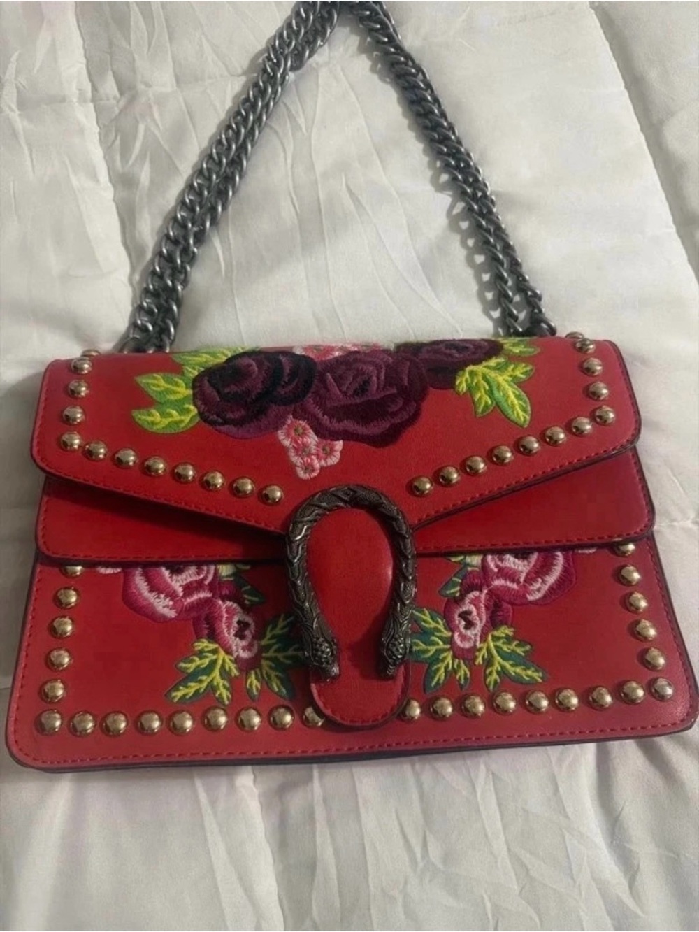 Embroidered Red Floral Shoulder Bag with Chain Handle